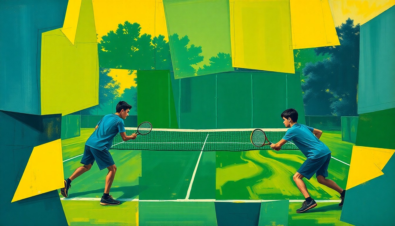 A fragmented, geometric painting depicting a tennis match from multiple angles, with sharp planes of navy, green, and yellow hues creating a dynamic, abstract composition.