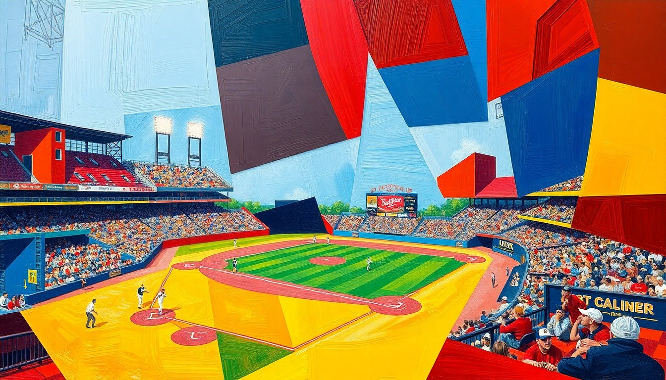 A fragmented, geometric painting depicting the dynamic movements and energy of a college baseball game, with sharp planes of color and overlapping perspectives.