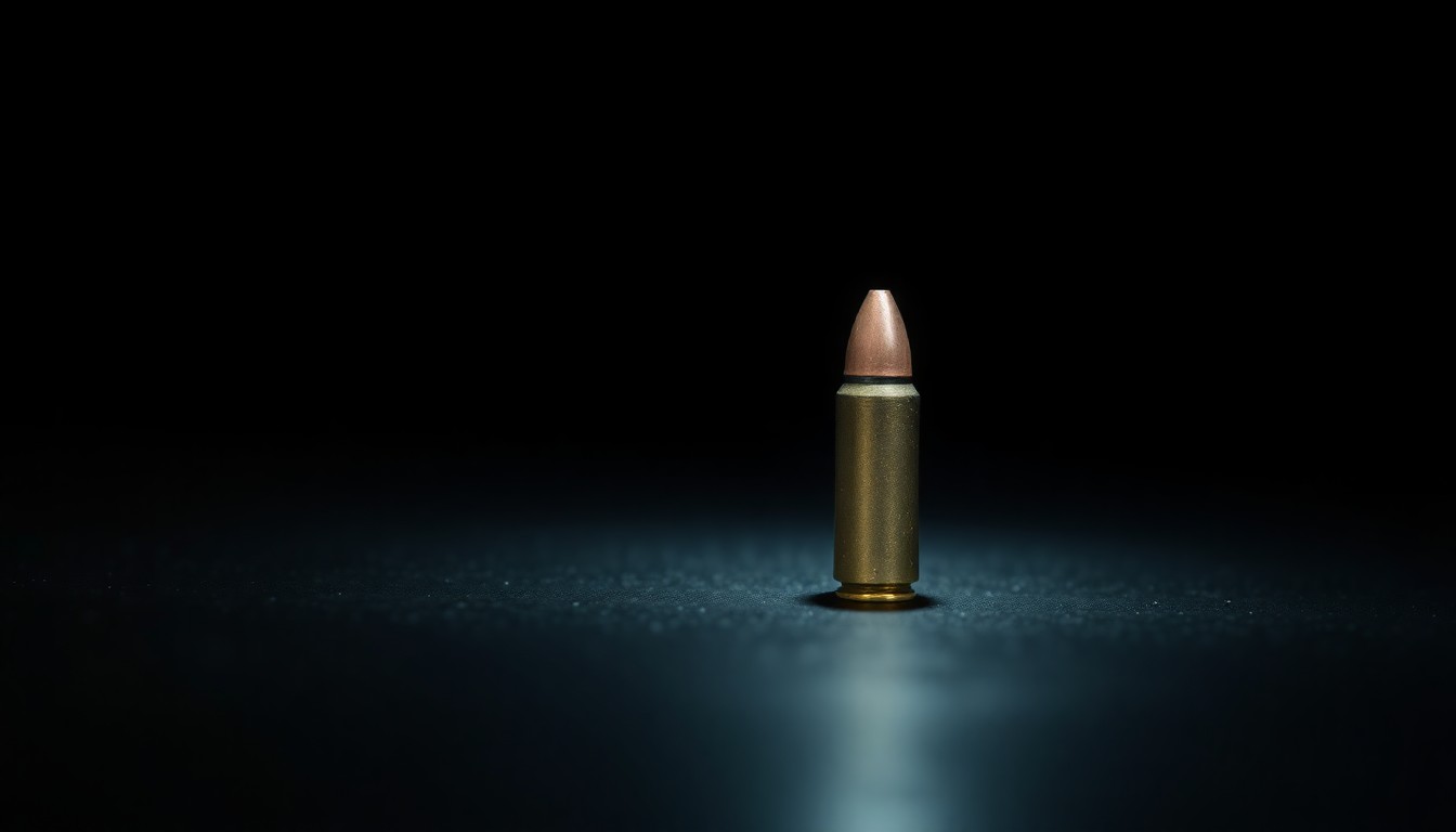 An extreme close-up photograph of a single spent bullet casing on a pitch-black background, the metallic surface reflecting the harsh light of the camera flash in stark contrast.