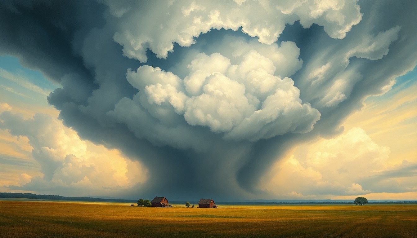 A vast, atmospheric landscape painting depicting a massive, swirling supercell thunderstorm dominating the horizon, with a small farmhouse or barn structure barely visible in the foreground, conveying the overwhelming scale and power of the natural disaster.