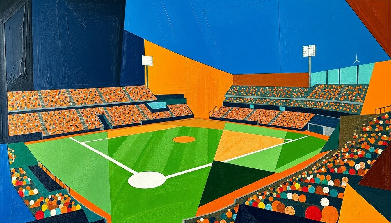 A fractured, geometric painting depicting the dynamic action and tension of a baseball game, with overlapping shapes and planes in navy, green, and orange.