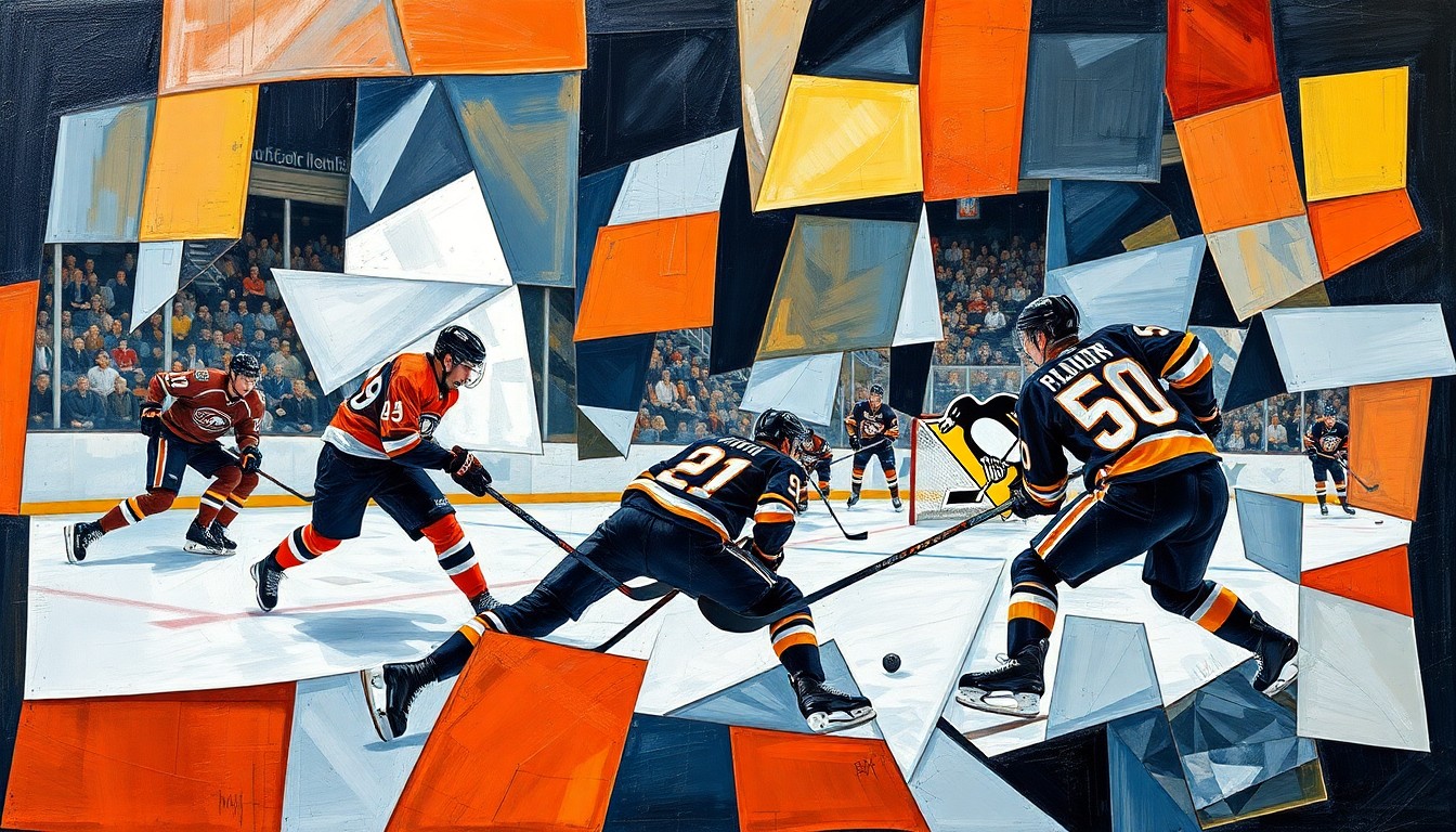 A cubist-style painting depicting a hockey game between the Philadelphia Flyers and Pittsburgh Penguins, with the players' movements and the intensity of the rivalry captured through sharp, overlapping geometric shapes and planes.