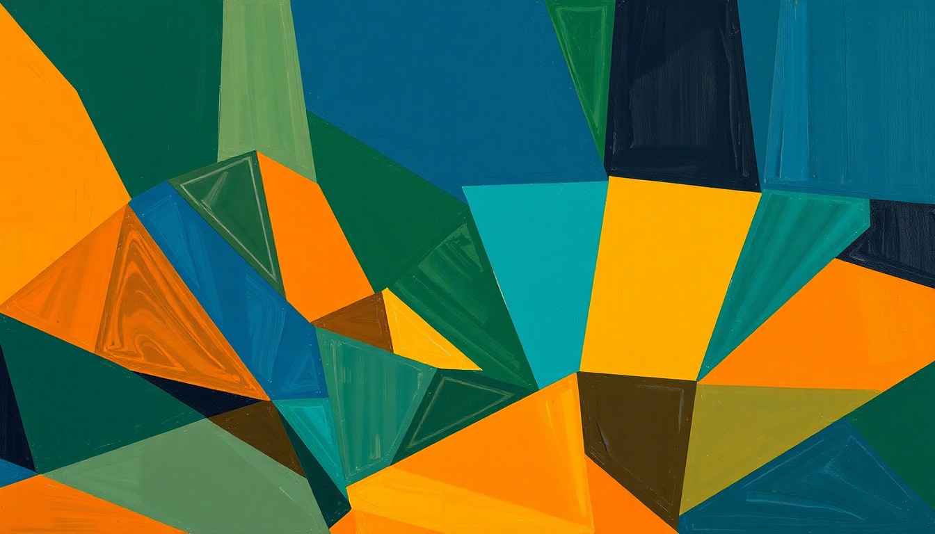 A fragmented, multi-angled painting depicting a basketball game or match, with the players and court broken down into sharp, overlapping geometric shapes and planes in a palette of navy, forest green, and burnt orange, conveying the strategic depth and kinetic movement of the sport.