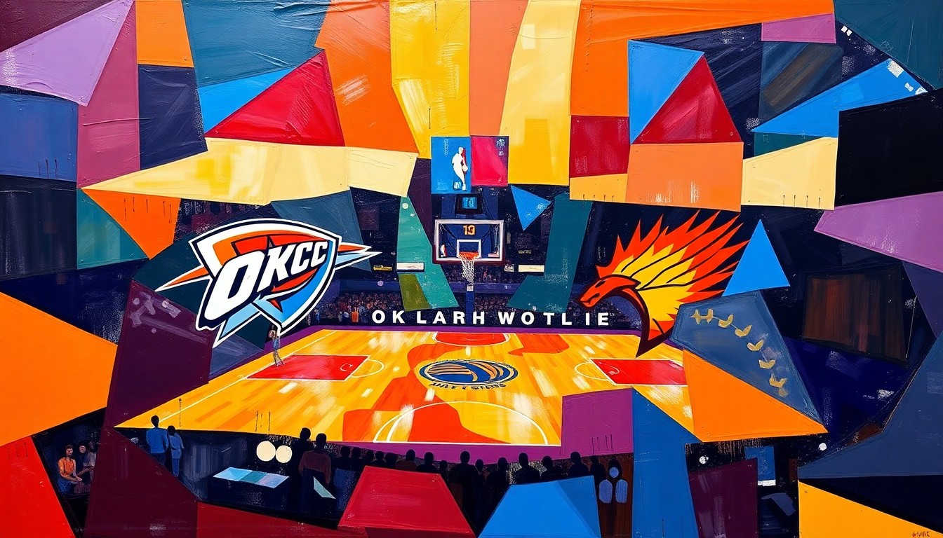 A cubist, geometric painting depicting a basketball game between the Oklahoma City Thunder and Phoenix Suns, with the teams' official colors of blue, orange, and red used in the fragmented, overlapping shapes.