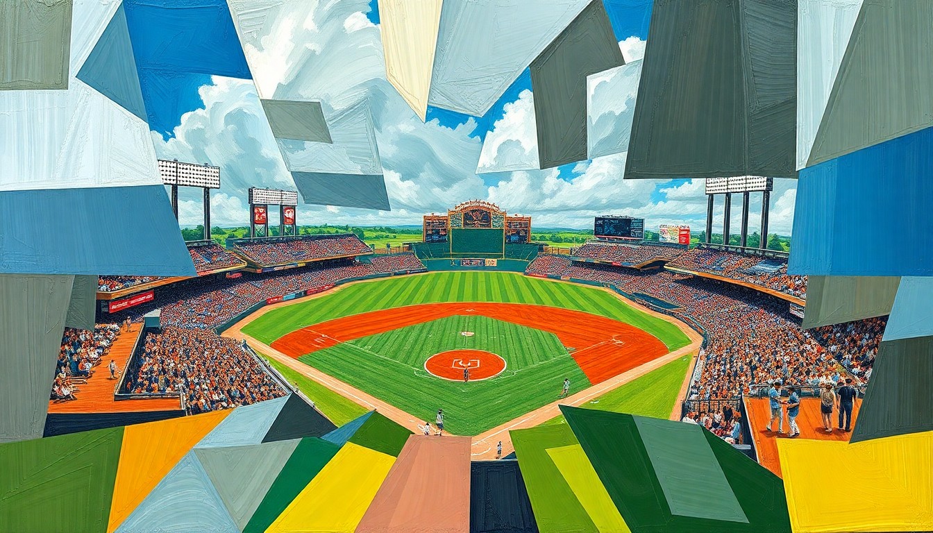 A cubist-style painting featuring overlapping geometric shapes and planes in shades of green, blue, and orange, capturing the dynamic action and energy of a college baseball game.