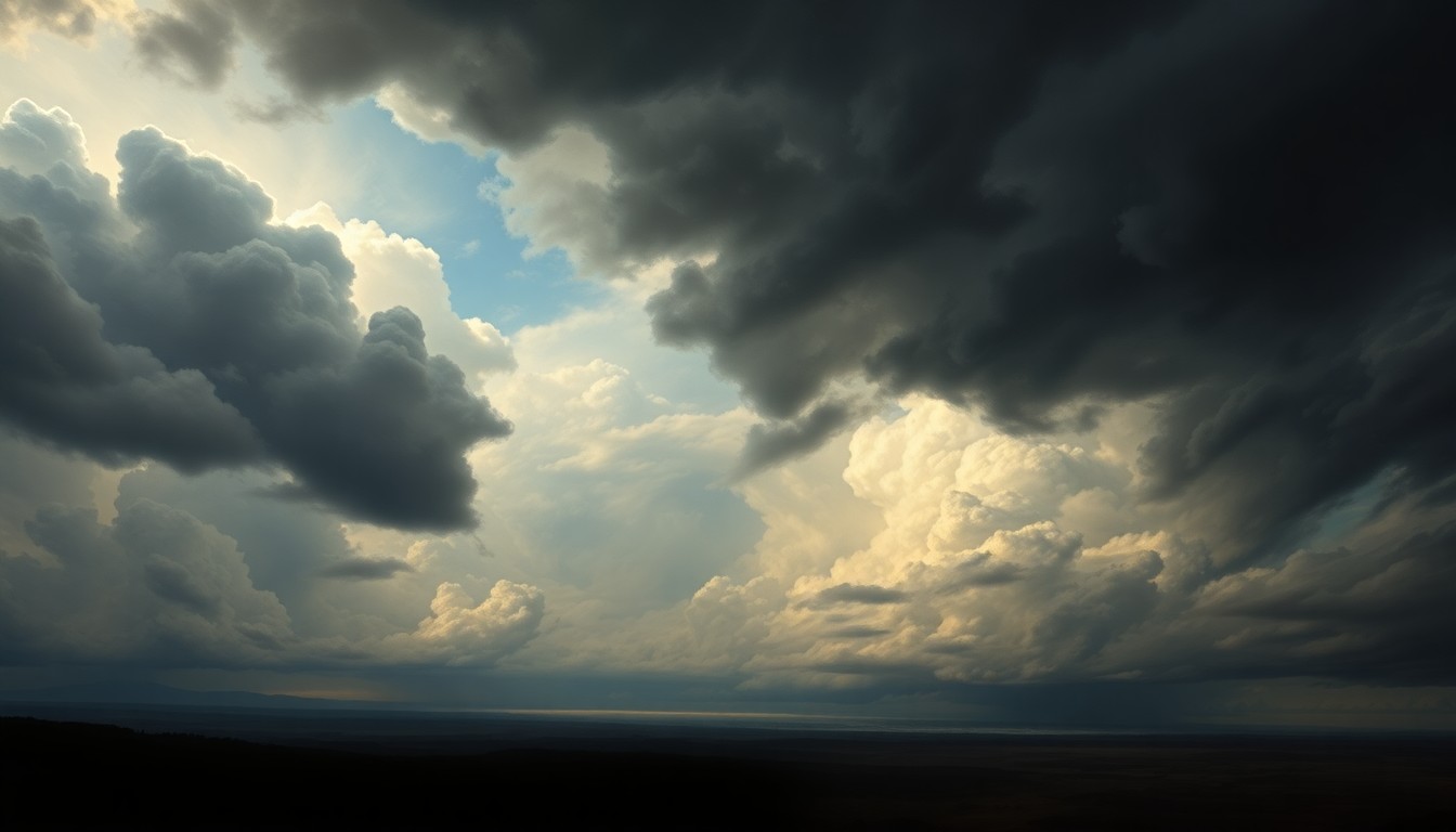 A sweeping, atmospheric landscape painting in muted tones of gray, blue, and white, depicting a vast, stormy sky with heavy, swirling clouds dominating the scene and obscuring the distant horizon, conveying the overwhelming scale and power of an approaching weather system.