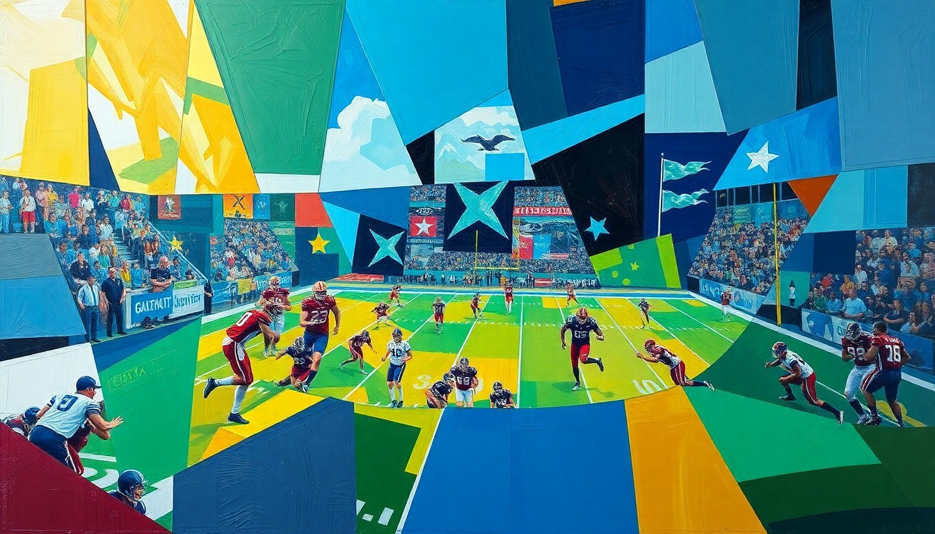 A cubist, geometric painting depicting a high school football game, with players and the field broken down into sharp, overlapping planes of color, capturing the energy and passion of the Galveston County football community.