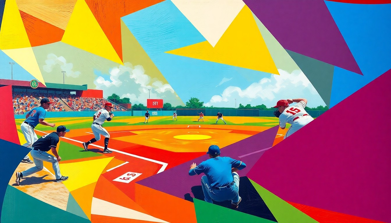 A fractured, cubist-style painting depicting the dynamic movements and plays of a high school baseball game, with the players and field deconstructed into overlapping geometric shapes and planes in the official team colors.