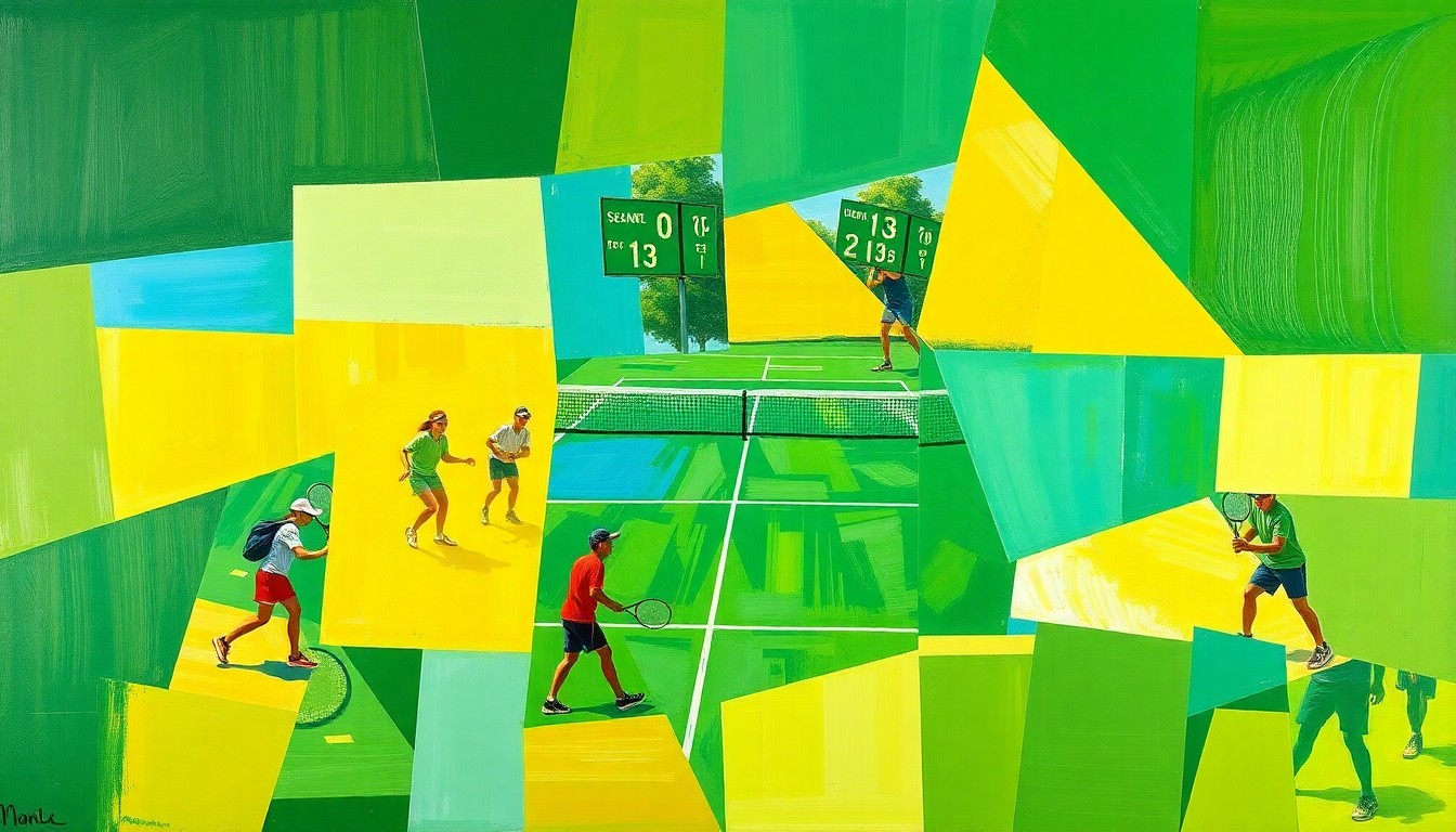A cubist, fragmented painting showing various perspectives of a high school tennis match, with sharp geometric shapes in shades of green, yellow, and blue.