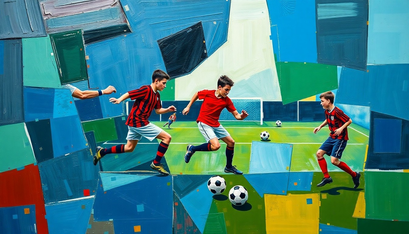 A cubist, geometric painting depicting a high school boys soccer match, with players and the field broken down into overlapping planes of deep blues, greens, and reds, conveying the dynamic energy and skill of the local players.