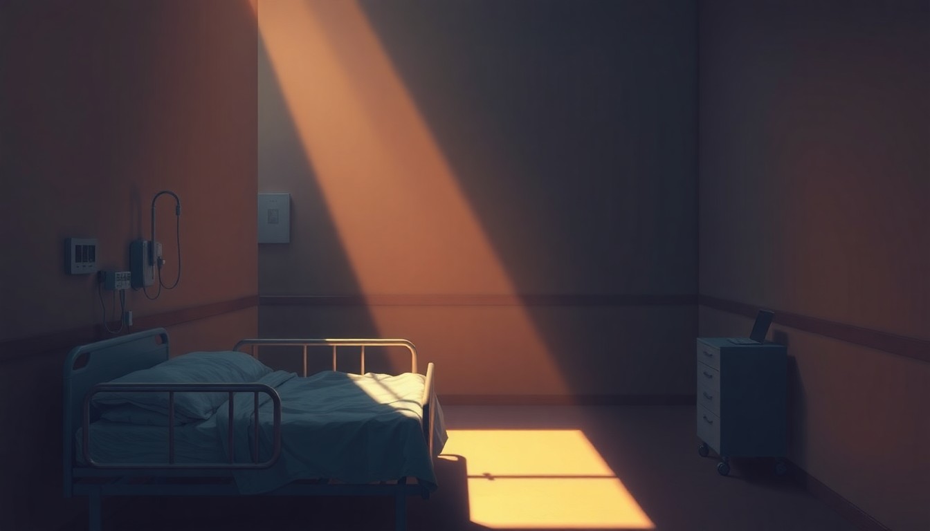A serene, dimly lit hospital room with an empty bed bathed in warm, golden light, conveying a sense of quiet contemplation and the sacred duty of end-of-life care.