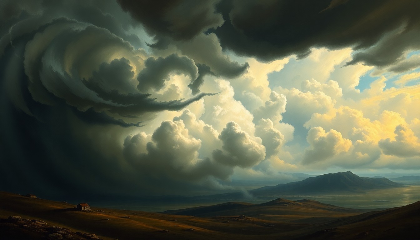A sweeping, atmospheric landscape painting in muted tones of gray, blue, and green, with a massive, swirling storm system dominating the horizon and dwarfing any small structures or objects in the foreground, conveying the overwhelming power of the natural forces at play.