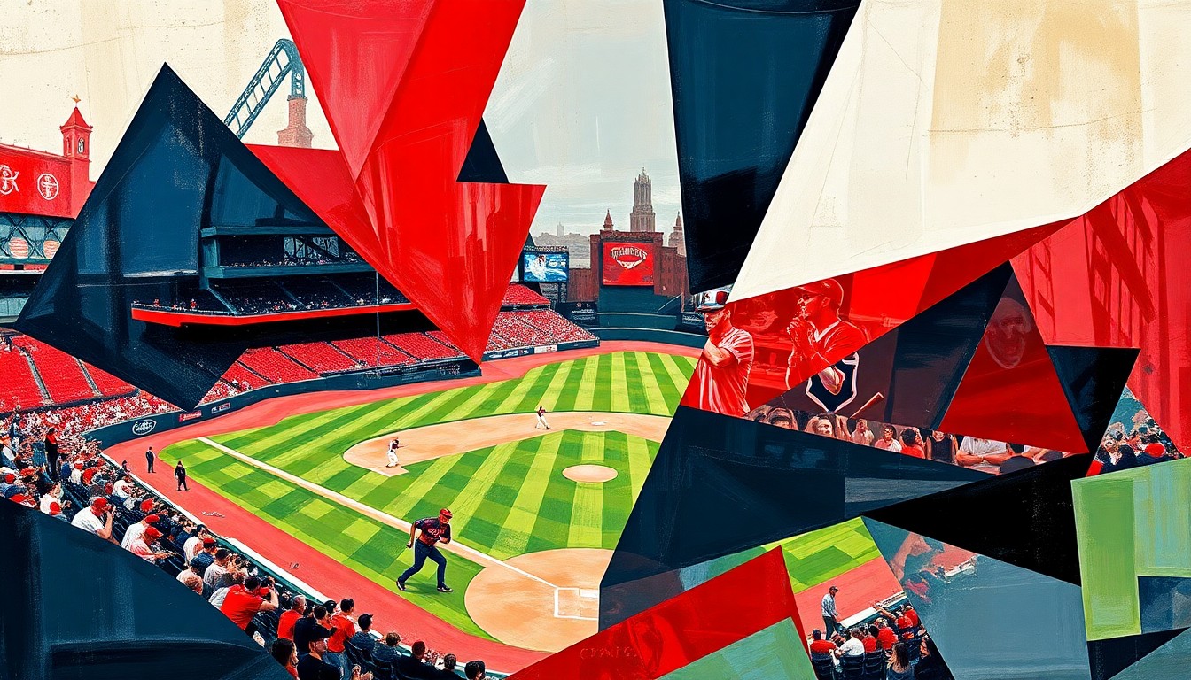 A fragmented, multi-angled painting depicting a baseball game between the Cincinnati Reds and Minnesota Twins, with the players' movements and the field of play broken down into sharp, overlapping geometric shapes and planes in the style of Pablo Picasso.