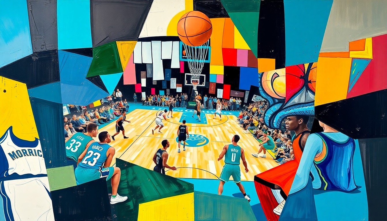 A fractured, cubist-style painting depicting the action of a basketball game, with sharp geometric planes in the team colors of the Orlando Magic and Charlotte Hornets, conveying the intensity and energy of the play-in matchup.