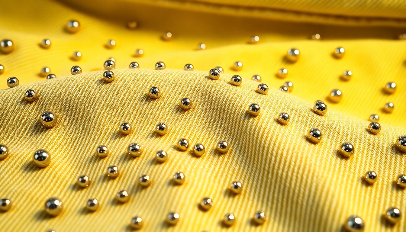 An extreme close-up of heavily textured, studded denim fabric in faded yellow and white, shot with dramatic lighting to create a luxurious, high-fashion aesthetic.