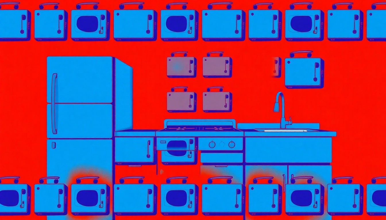 A vibrant, abstract grid of a single blue kitchen appliance in neon colors and heavy black outlines, conceptually representing the distinctive design of a luxury home's kitchen.