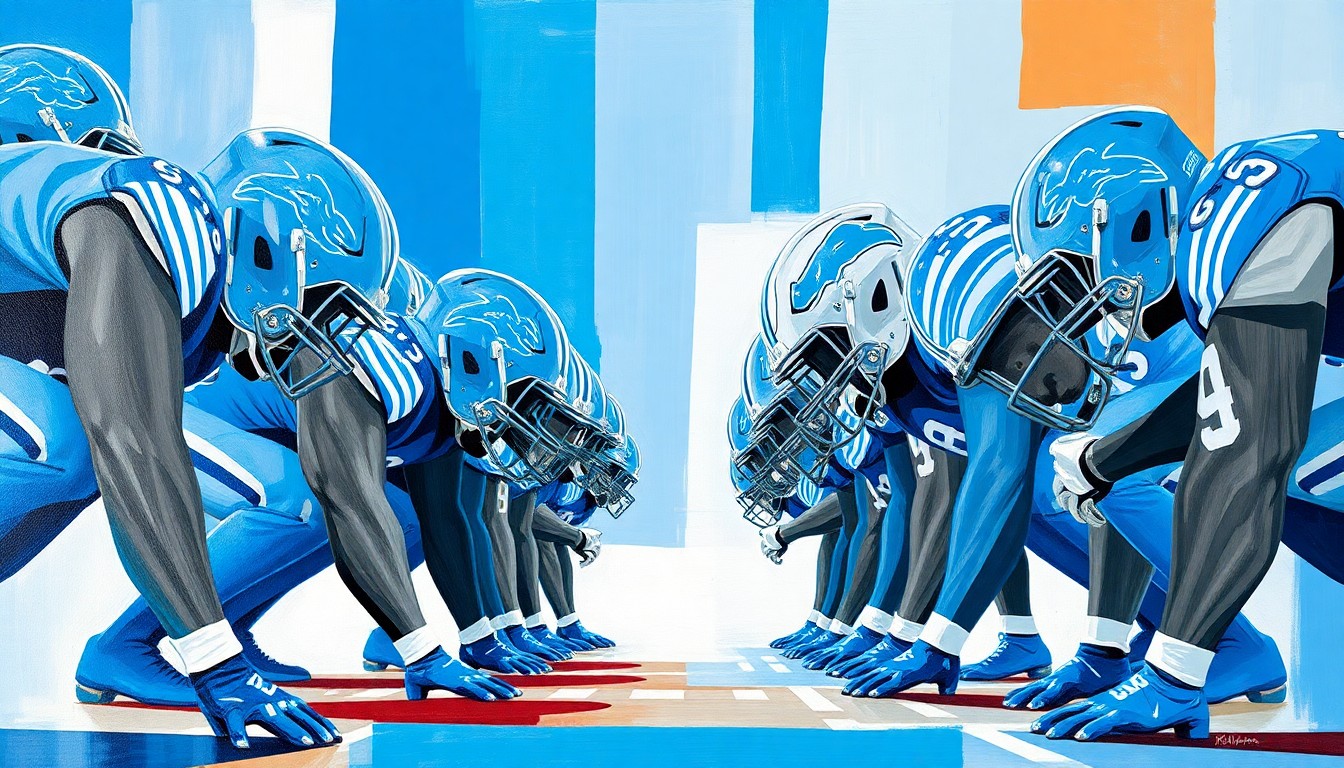 A fragmented, cubist-style painting depicting an offensive line, with sharp geometric shapes and planes in the colors of the Detroit Lions' team palette, conceptually representing the complexity and importance of building a strong offensive line.