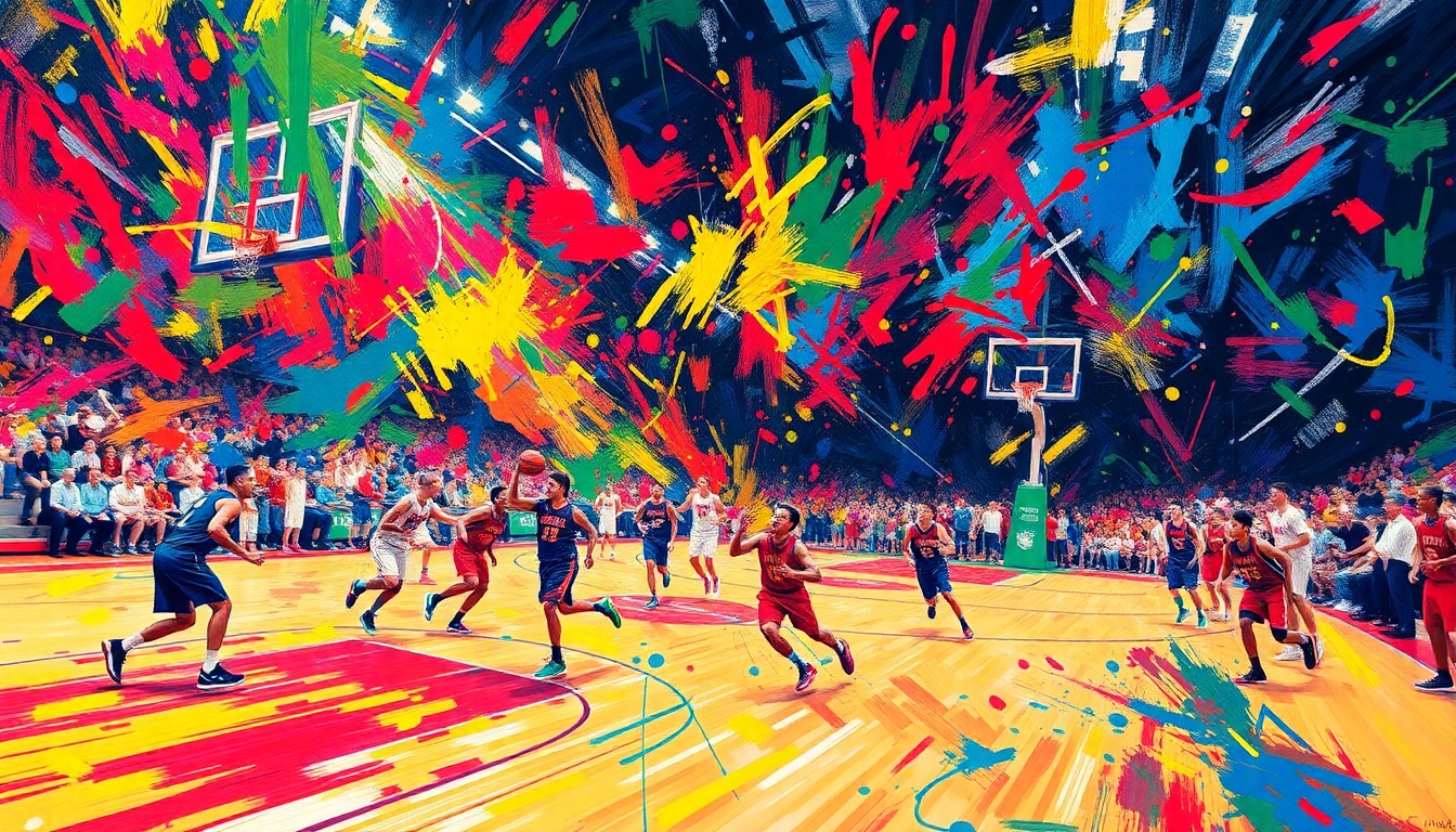 An abstract, expressionist painting in neon colors depicting the chaotic energy and movement of a high school basketball game, with the court and players blending into a vibrant, unrecognizable display of brushstrokes.