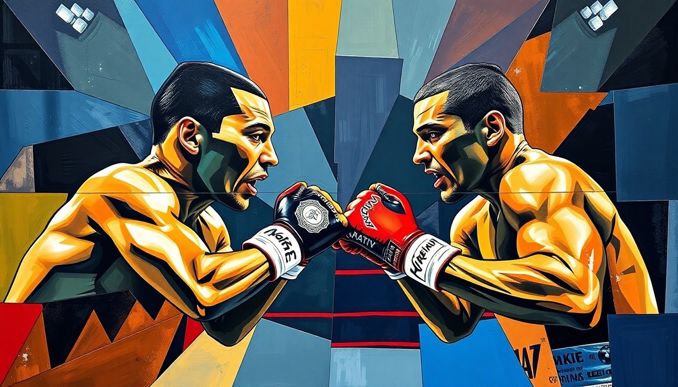 A cubist, geometric painting depicting a boxing match between two figures, their forms broken down into overlapping planes of color and shape, conveying the dynamic energy and tension of the anticipated fight.