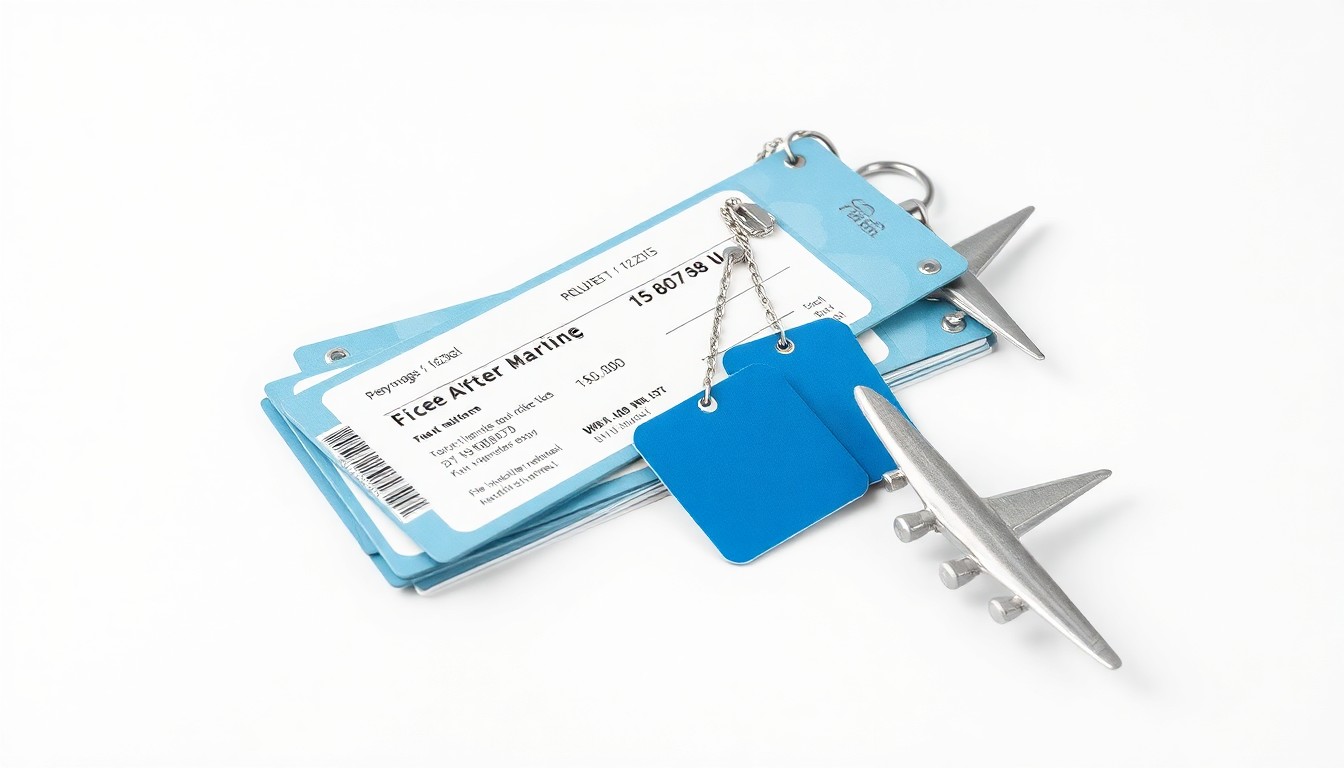 A high-end, photorealistic studio still-life photograph featuring a stack of airline tickets, a set of luggage tags, and a metal airplane model in muted shades of blue, grey, and silver against a clean white background, conceptually representing the potential impact of Spirit Airlines' financial troubles on Tampa air travel.