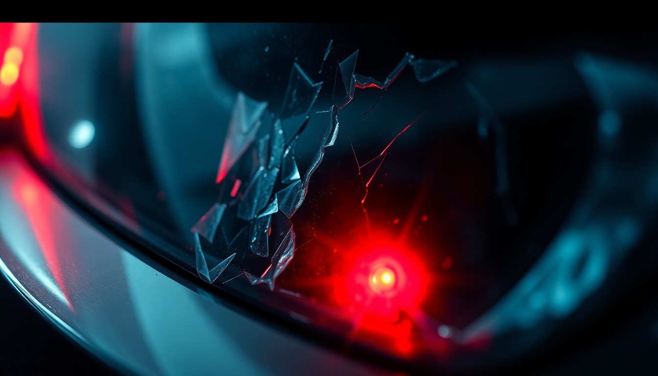 An extreme close-up photograph of a shattered car sensor lens reflecting a faint red light, conceptually illustrating the aftermath of a serious traffic collision.