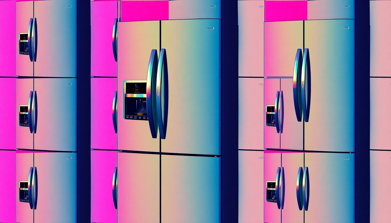 A brightly colored, high-contrast silkscreen print of a stainless steel refrigerator repeated in a grid pattern, conceptually representing the sophisticated, contemporary style of the condo's kitchen.