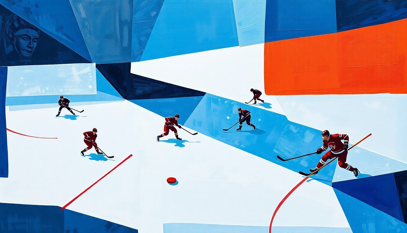 A fragmented, geometric painting depicting the abstract shapes and overlapping perspectives of a hockey game, using bold blues, whites, and reds to convey the sport's intensity.