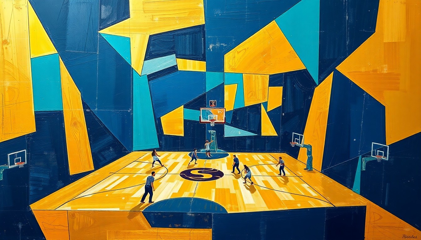 A cubist, geometric painting depicting a fragmented basketball game, with overlapping planes of navy blue, teal, and gold, conceptually representing the Hornets' season-ending loss and their determination to build on the experience.