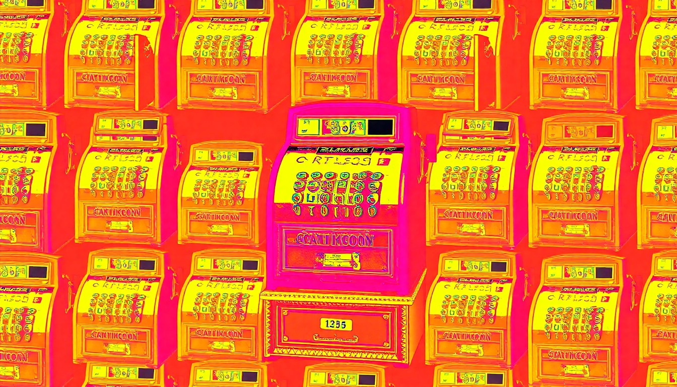 A brightly colored, high-contrast silkscreen print of a vintage cash register or antique item repeated in a tight grid pattern, conceptually representing the quirky, visually rich environment of Antique Mall Ya'll in Palmetto Bay.