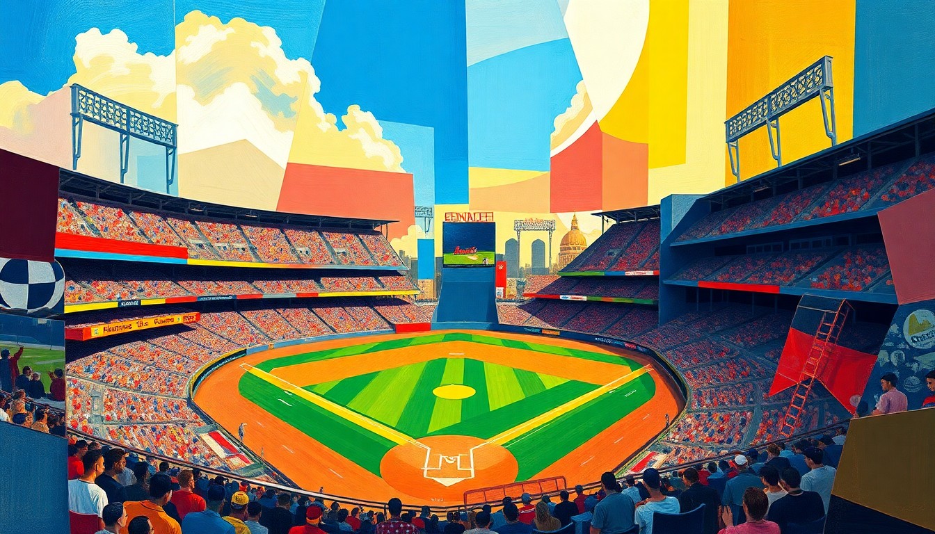 A fragmented, geometric painting depicting the dynamic motion of a baseball game, with overlapping planes of bright colors representing the players and field.