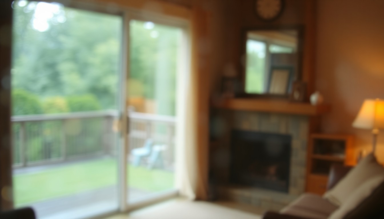 An abstract, out-of-focus image of a cozy living room with a fireplace, sliding glass door, and lush greenery visible outside, conveying a sense of warmth and relaxation.