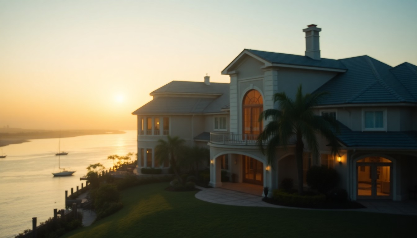 An extremely abstracted, out-of-focus photograph of a luxury home's exterior, with the Tarpon River visible in the background, composed entirely of soft, warm pools of light and color.