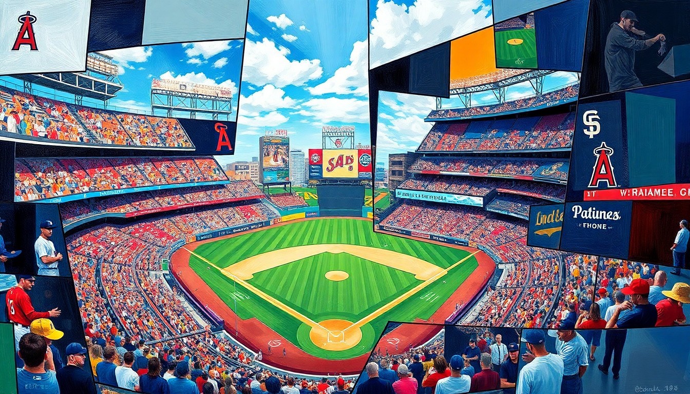 A fractured, multi-perspective painting capturing the dynamic energy of a baseball game between the San Diego Padres and Los Angeles Angels, with vibrant colors and sharp, overlapping geometric shapes representing the players, field, and stadium environment.