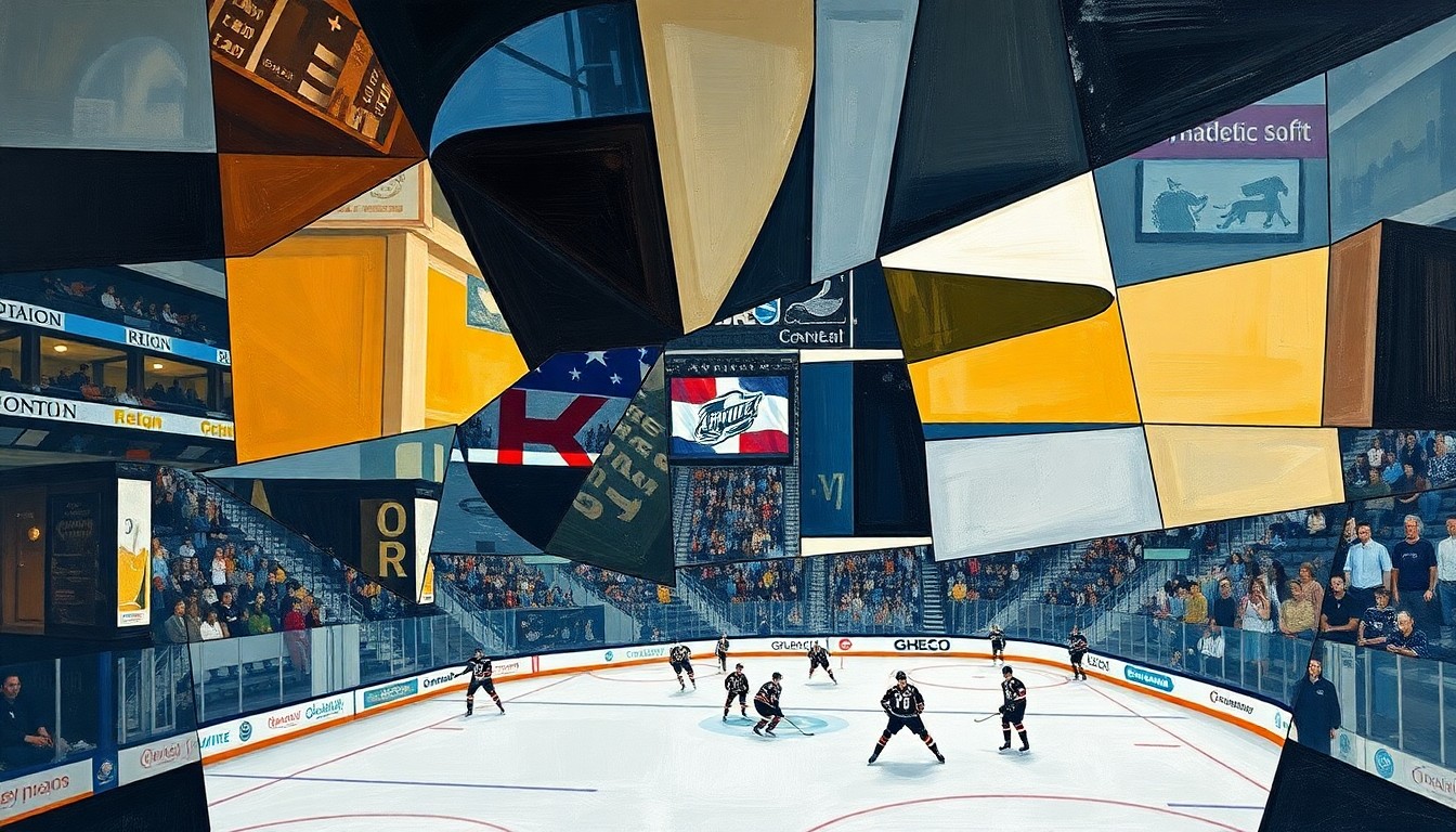 A cubist, geometric painting depicting a hockey game in motion, with overlapping shapes and planes representing the players, puck, and arena in an abstract, deconstructed style.