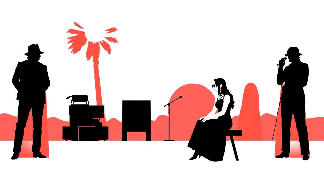 An abstract, minimalist illustration featuring bold, jagged shapes and silhouettes in high-contrast colors, capturing the 'Thelma & Louise' theme of Sabrina Carpenter's Coachella performance.