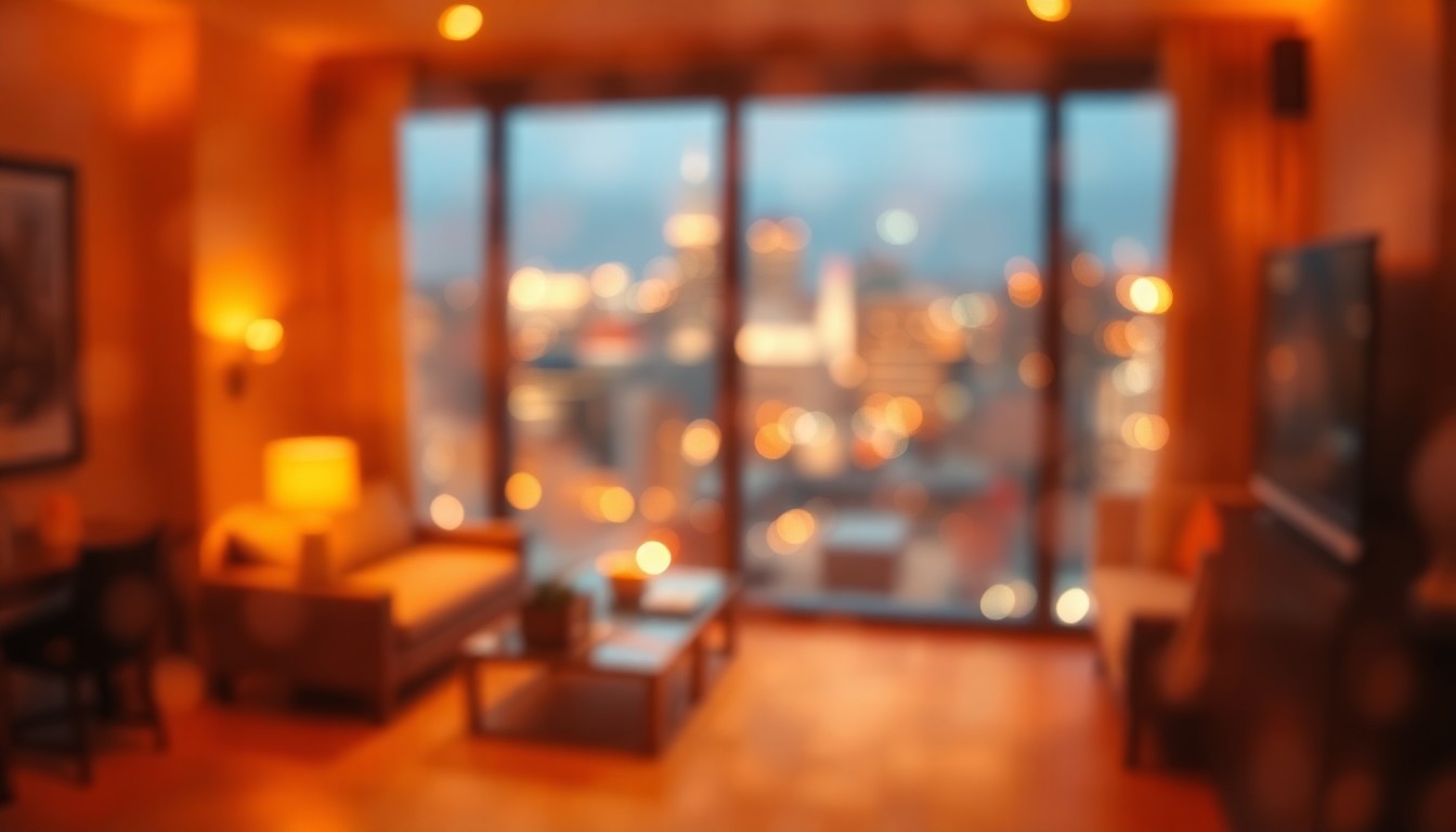 An abstract, impressionistic image of soft, blurred light and color, conveying the luxurious and cozy atmosphere of a high-end urban condominium with panoramic city views.