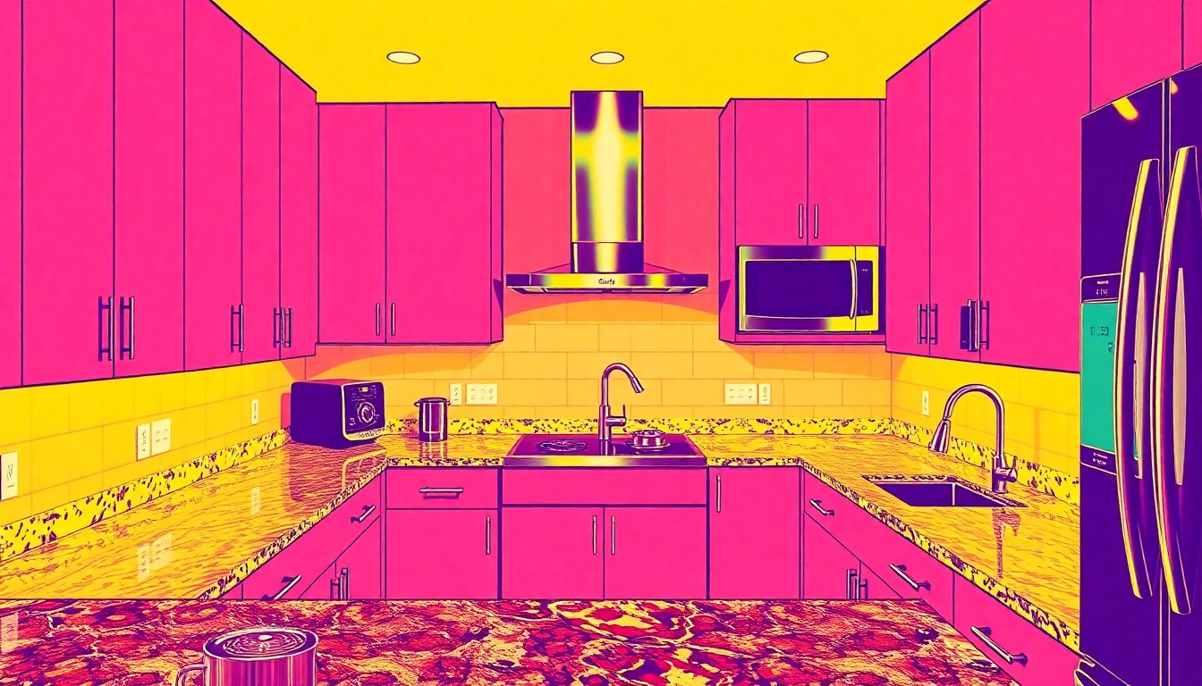 A brightly colored, high-contrast silkscreen print of a modern kitchen with stainless steel appliances and granite countertops, repeated in a tight grid pattern, conceptually representing the stylish and well-appointed features of the Peachtree Walk condo.