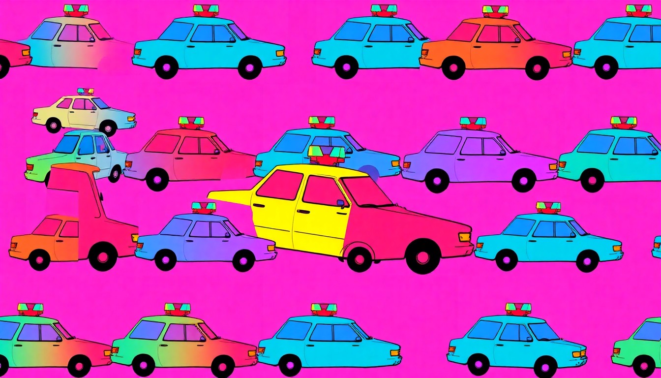 A brightly colored, high-contrast silkscreen print of a stylized police car icon repeated in a tight grid pattern, using vibrant neon colors and heavy black outlines to create a modern pop art interpretation of law enforcement.