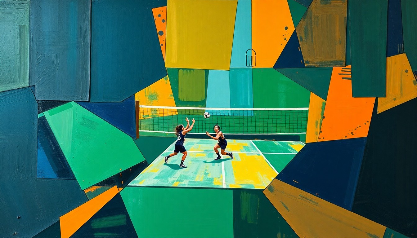 A cubist, geometric painting depicting a fragmented volleyball match, with sharp planes of navy, green, and orange overlapping to create a dynamic, abstract composition.