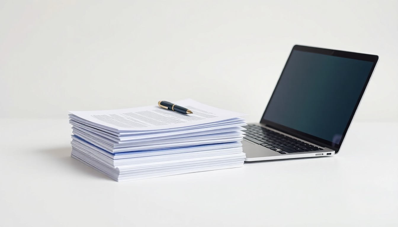 A minimalist, photorealistic studio still life featuring a stack of business documents, a pen, and a laptop computer arranged on a clean, white background, symbolizing the collaboration between Albright College and local businesses in the 13th Street Partnership.