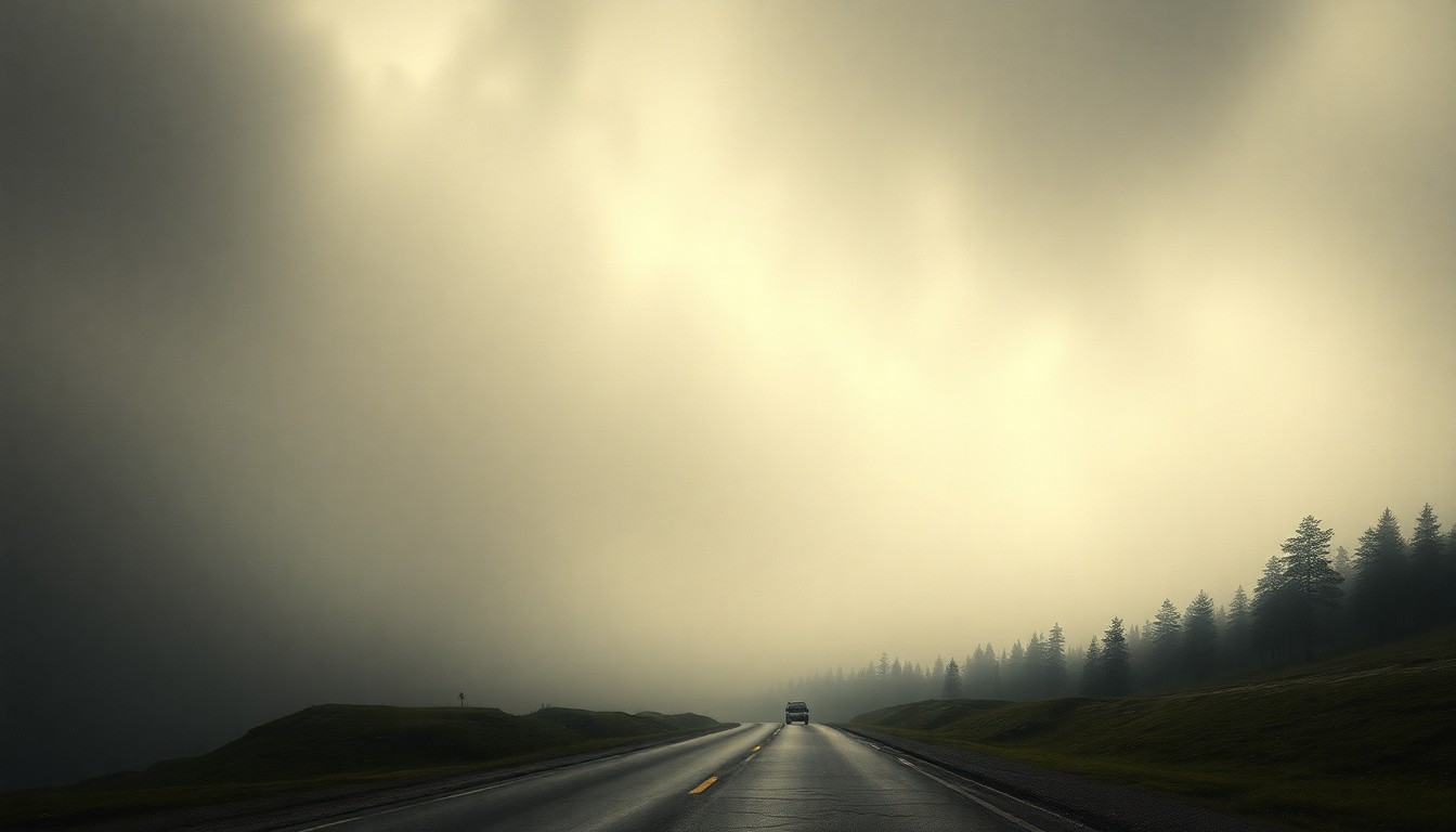 A vast, atmospheric landscape painting in muted tones of grey and blue, with a winding road disappearing into the distance, obscured by a thick, swirling fog that dwarfs any visible structures or vehicles.