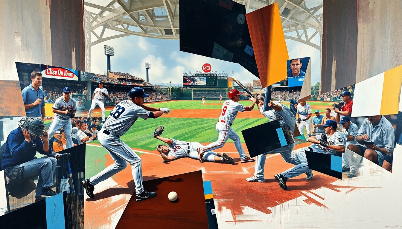 A fragmented, geometric painting depicting the intense energy and competitive spirit of a baseball game, with players and equipment broken down into sharp, overlapping shapes and planes.