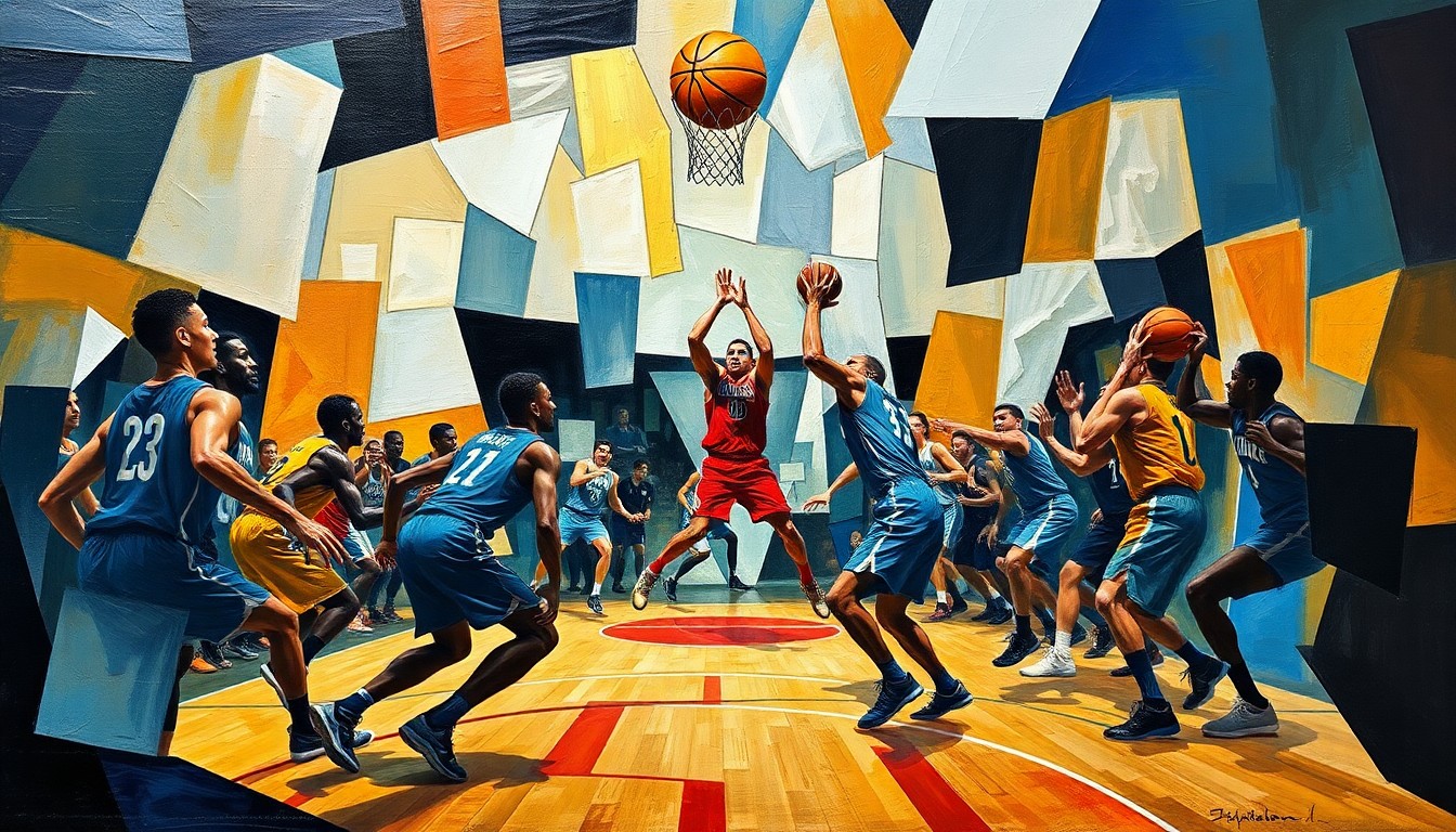 A fractured, cubist-style painting depicting the raw energy and tension of a basketball game, with the players' forms broken down into abstract geometric shapes and colors.