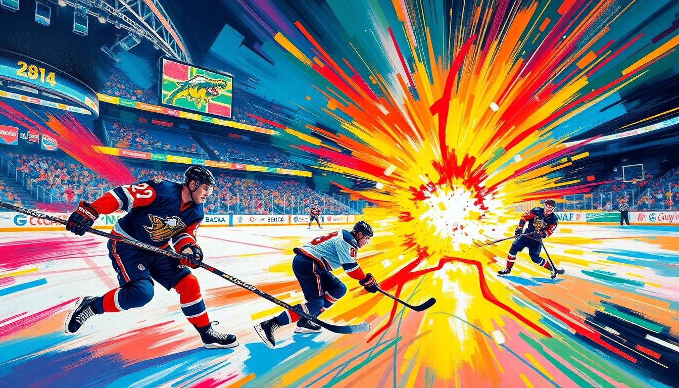 An abstract, expressionist painting featuring vibrant neon brushstrokes and splatters of color, capturing the kinetic energy and intensity of a professional hockey game.