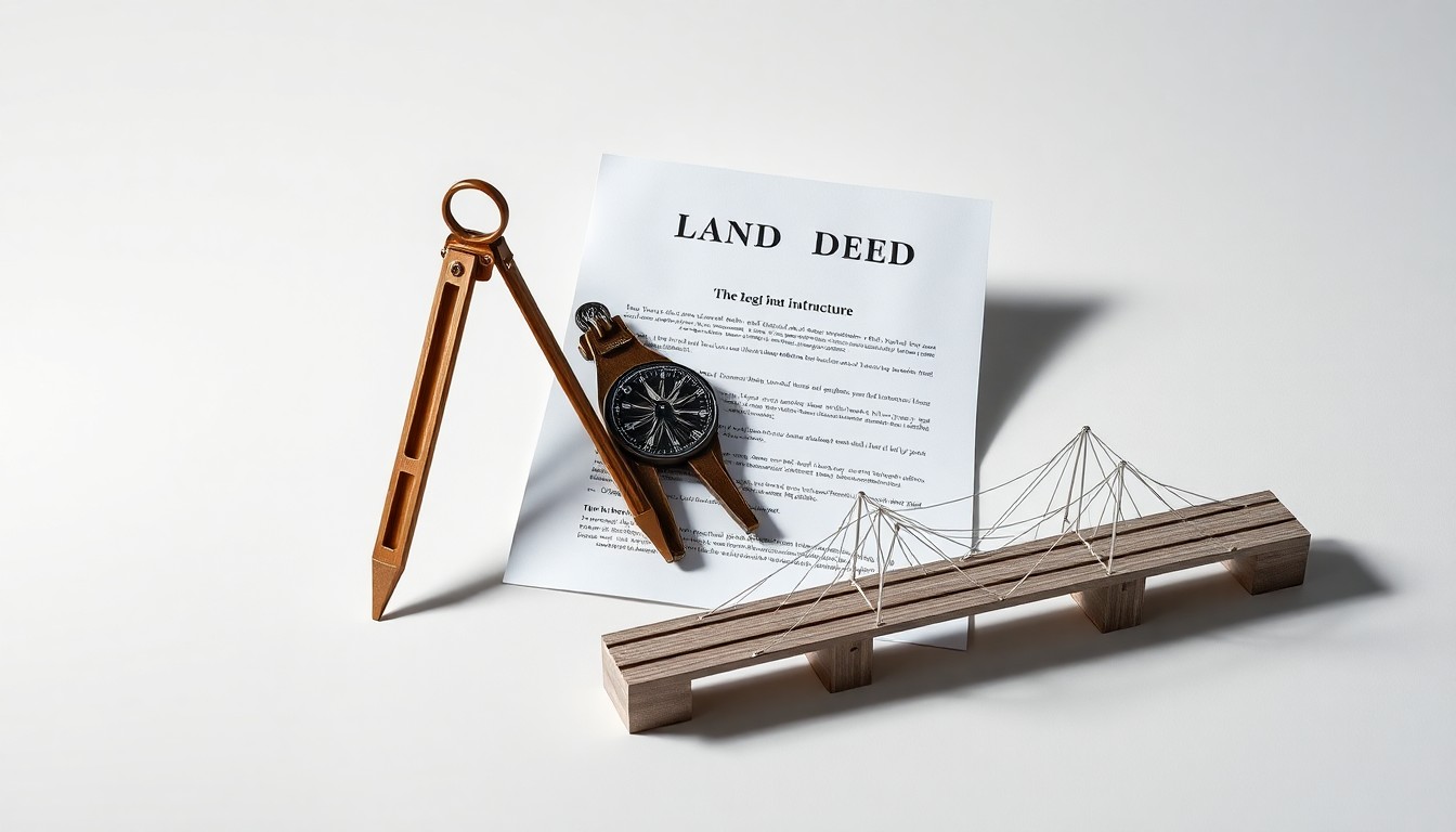 A photorealistic studio still life featuring a surveyor's compass, a land deed document, and a small model of a bridge, arranged elegantly on a clean, monochromatic background to conceptually represent the abstract corporate strategy and legal processes required for infrastructure projects.