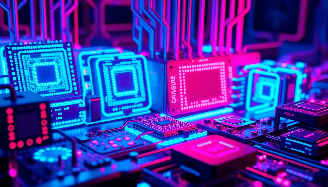 A highly detailed, glowing 3D illustration of Canva's new AI-powered design architecture, featuring a complex network of illuminated circuits, processors, and data streams, conceptually representing the advanced technology powering the platform's creative capabilities.