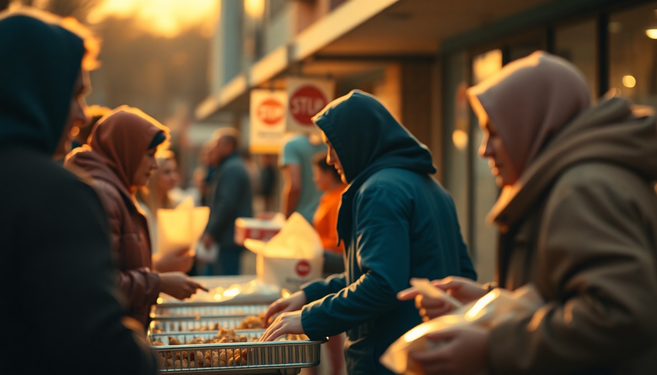 An abstract, out-of-focus scene of volunteers serving food to people in need, with warm pools of light and color creating an intimate, emotional atmosphere.