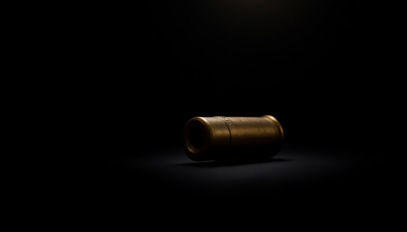 An extreme close-up photograph of a single bullet casing on a pitch-black background, lit by a harsh, direct camera flash, conceptually representing the debate over gun policies at the Little Rock Zoo.