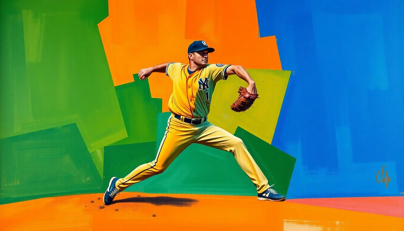 A cubist, geometric painting depicting a baseball pitcher's delivery broken down into overlapping planes of color, representing the ups and downs of the Spartanburgers' game against Wilmington.