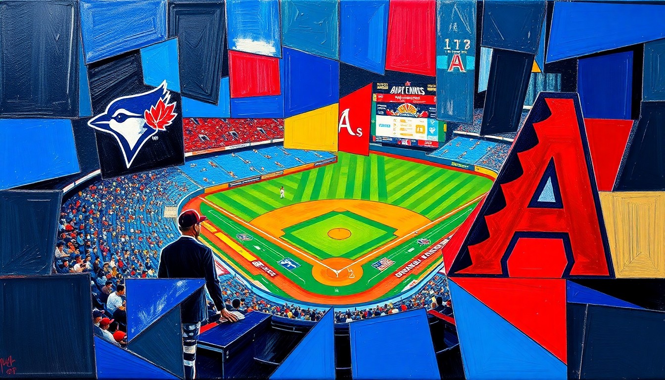 A fragmented, geometric painting in bold primary colors depicting the action and movement of a baseball game, with no recognizable players or team logos.